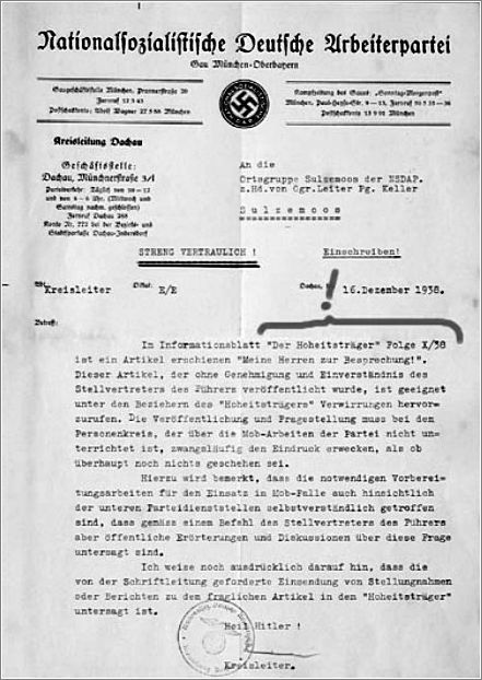 Confidential letter dated 16 Dec. 1938 from the NSDAP Kreisleiter of Dachau in Munich regarding an article that appeared in the NSDAP magazine